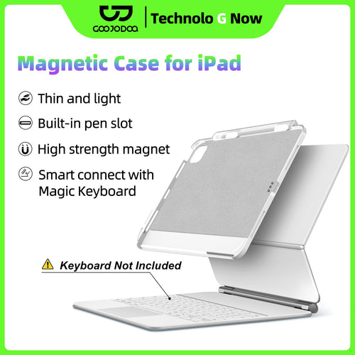 Magnetic case for iPad with features listed on a white background