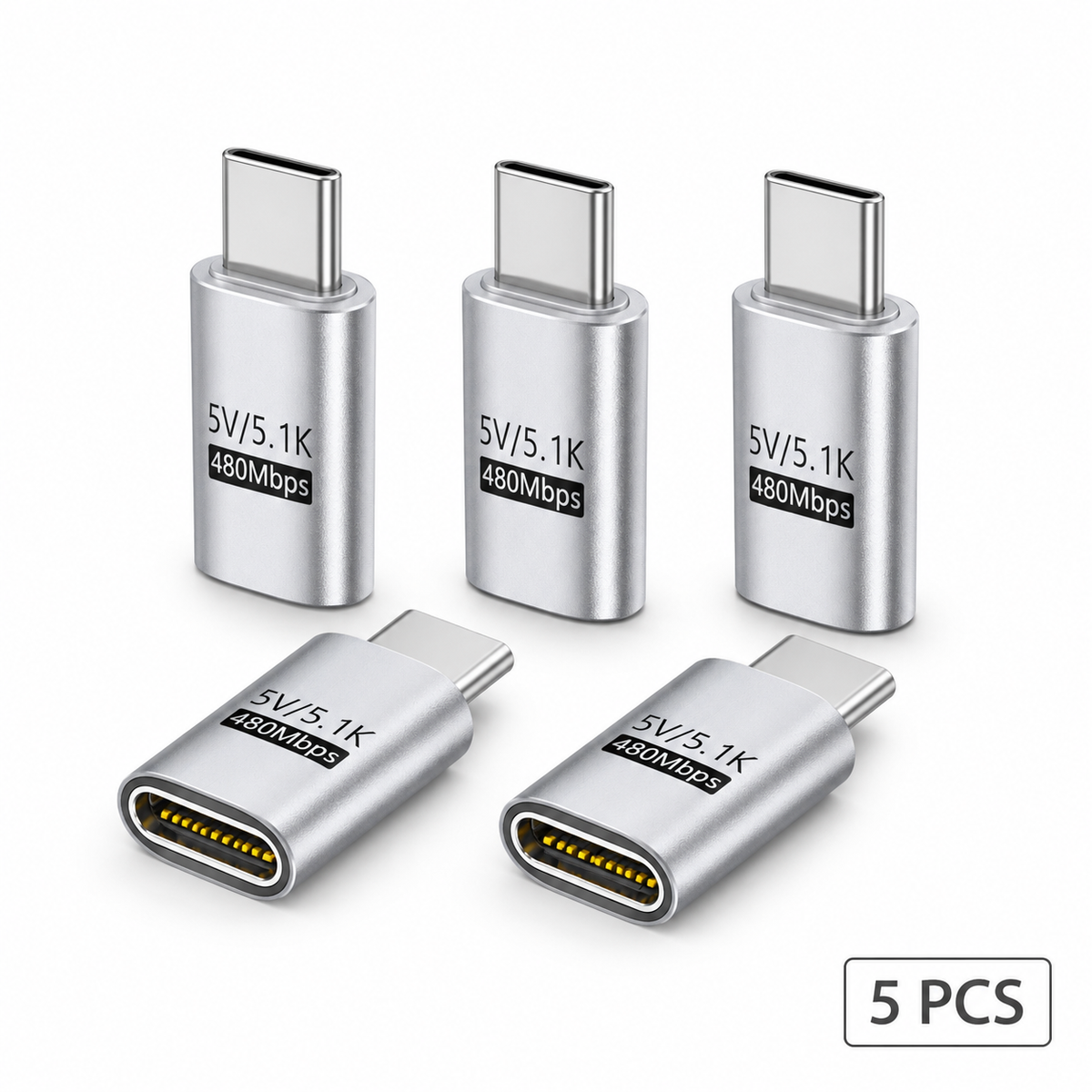 Five USB-C adapters on a white background