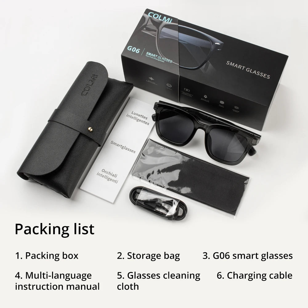 Packaging of COLMI G06 smart glasses with accessories on a white background