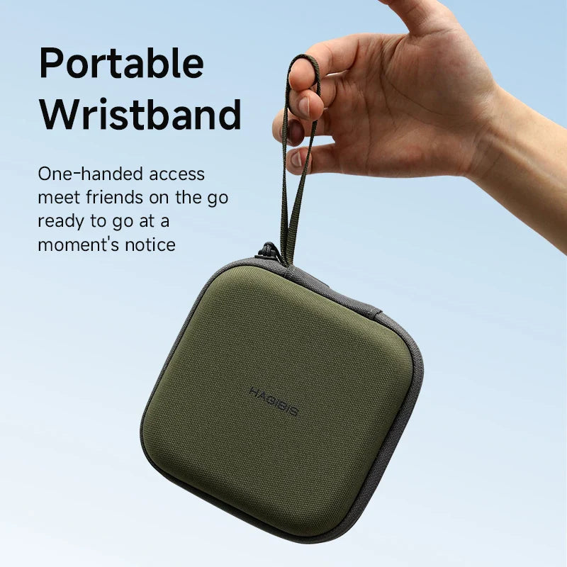 Green portable wristband case held by a hand with text on a light blue background