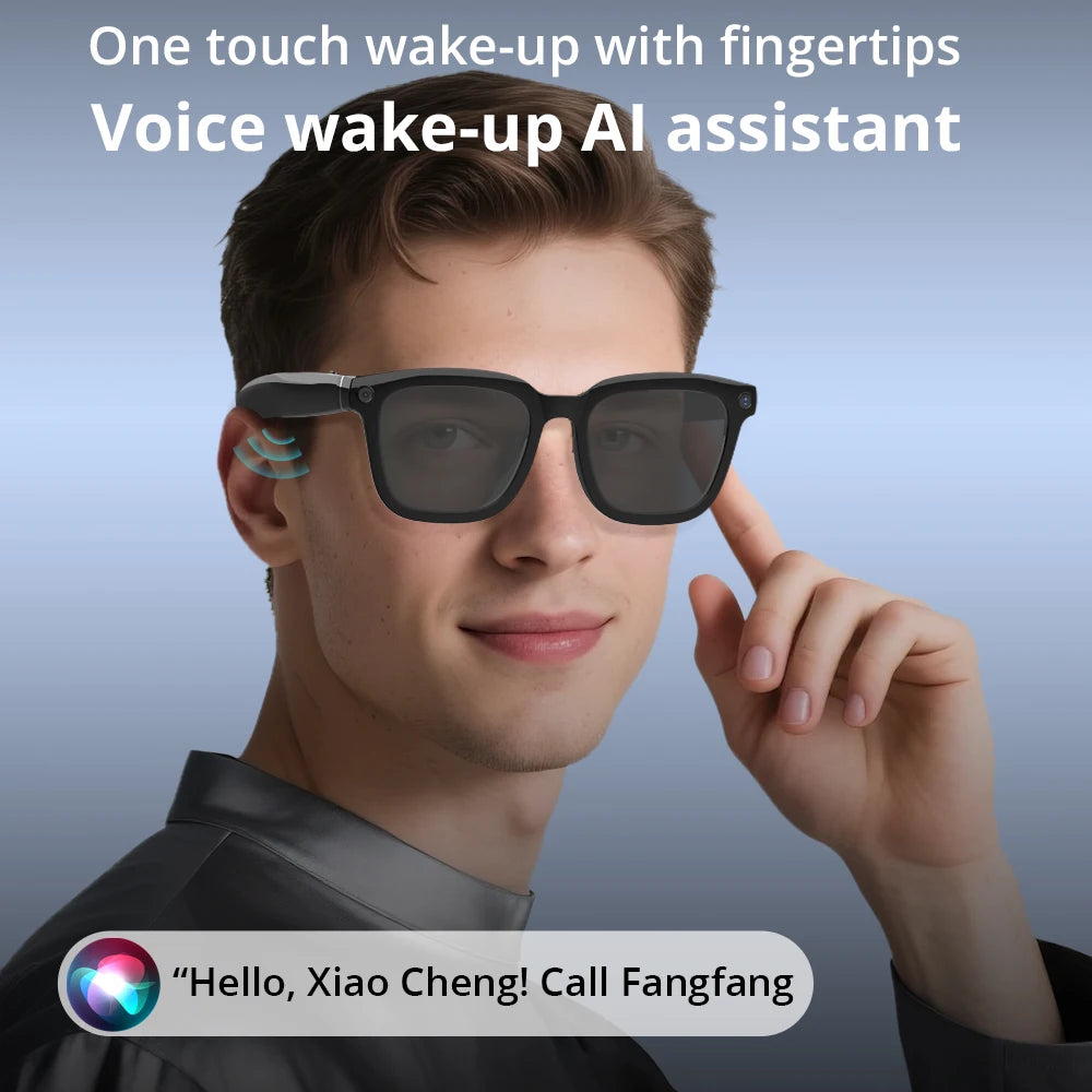 Person wearing sunglasses with a text overlay about a voice wake-up AI assistant.