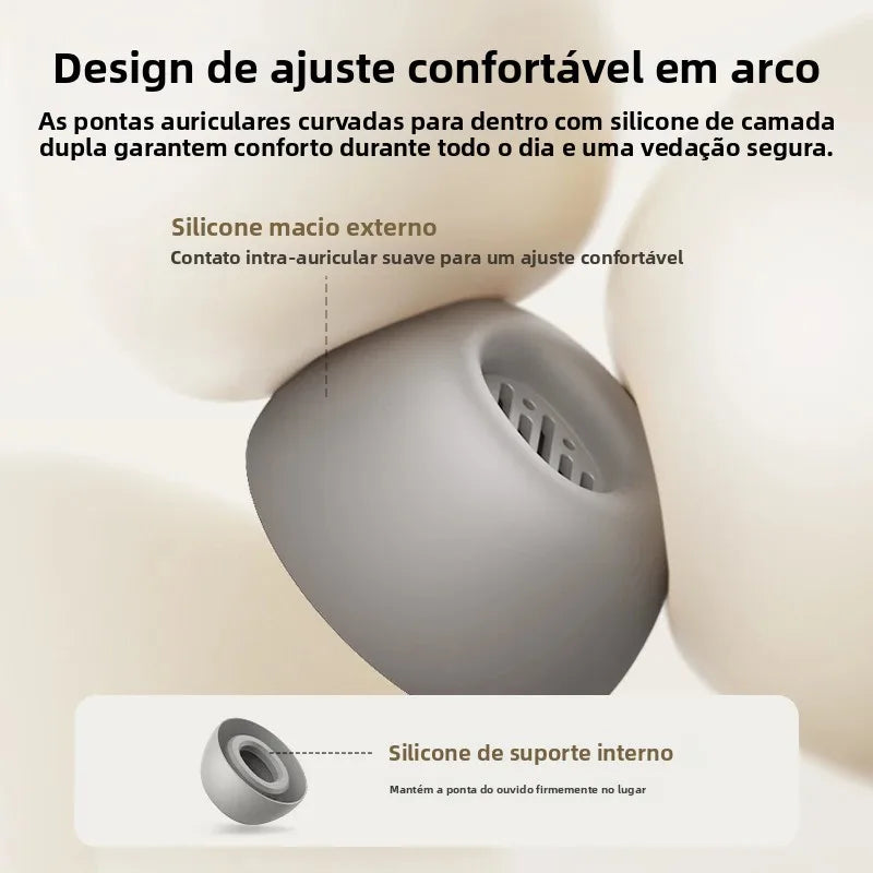 Gray earbud with text describing comfort and design features on a beige background