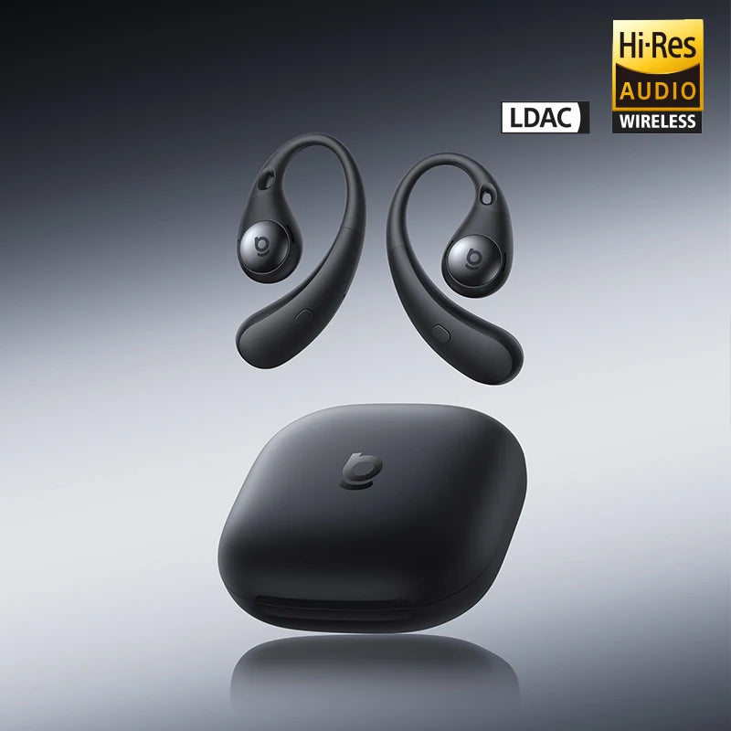 Black wireless earbuds with charging case on a gradient background, featuring Hi-Res Audio and LDAC logos.
