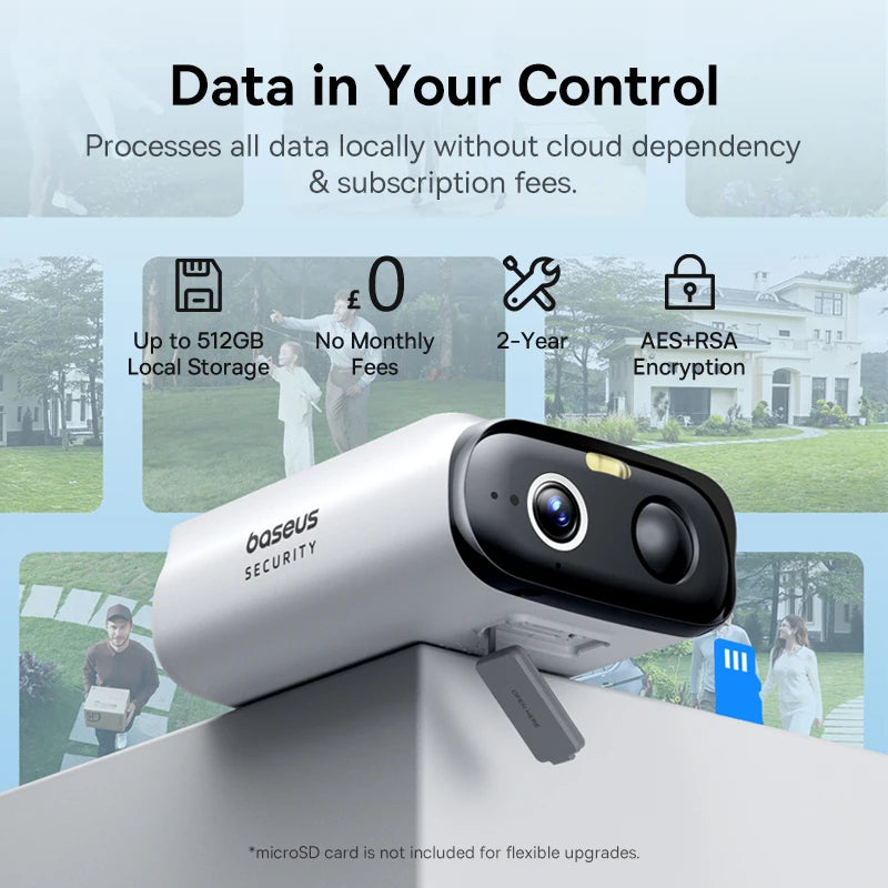 Baseus security camera with features highlighted on a blurred background