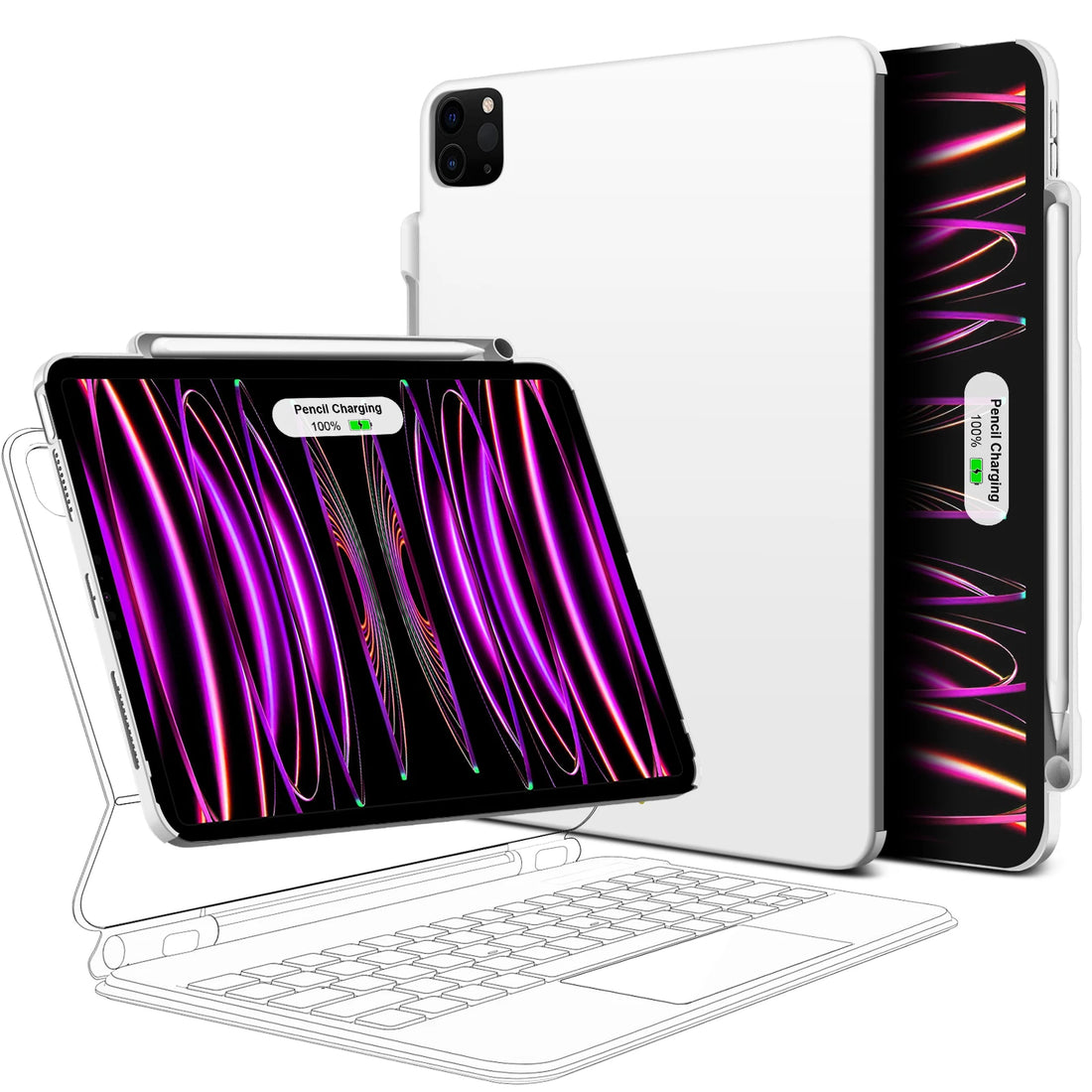 A white magnetic case for iPad with pencil holder, displayed in different angles to show the design and functionality.