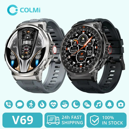 Two smartwatches with Colmi branding on a light gray background