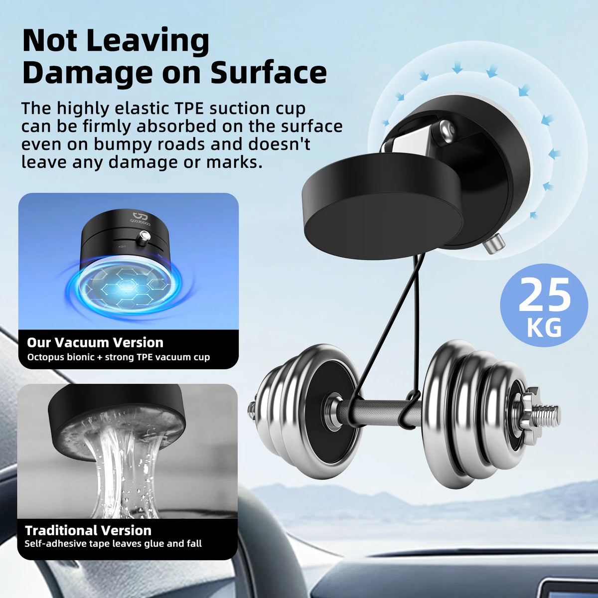 Car mount with TPE suction cup holding dumbbells, emphasizing no damage to surface.