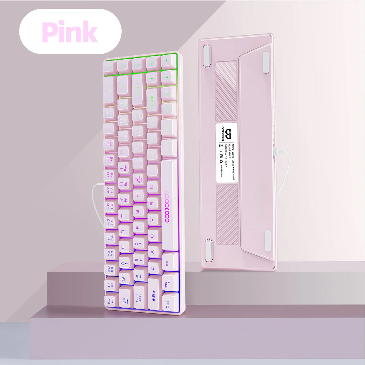 Pink mechanical keyboard with a clear backlit design on a light gray background