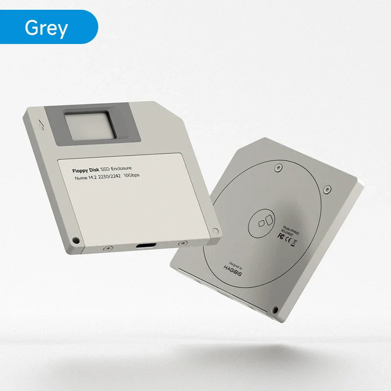 Two floppy disk enclosures on a light gray background