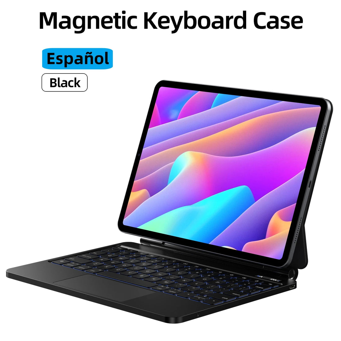 Black magnetic keyboard case on a colorful laptop screen with 'Español' and 'Black' text.