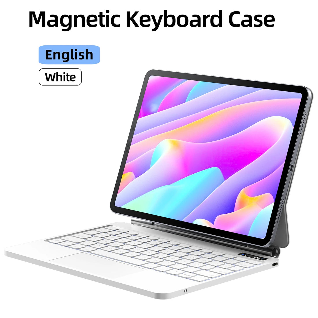 Magnetic keyboard case for a laptop with colorful display on a white background