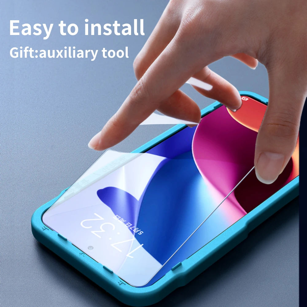 Hand applying a screen protector to a smartphone with text indicating ease of installation and an included auxiliary tool.