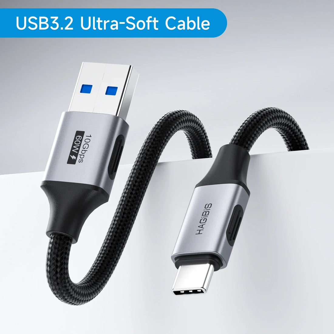 USB3.2 Ultra-Soft Cable with metallic connectors on a light gray background