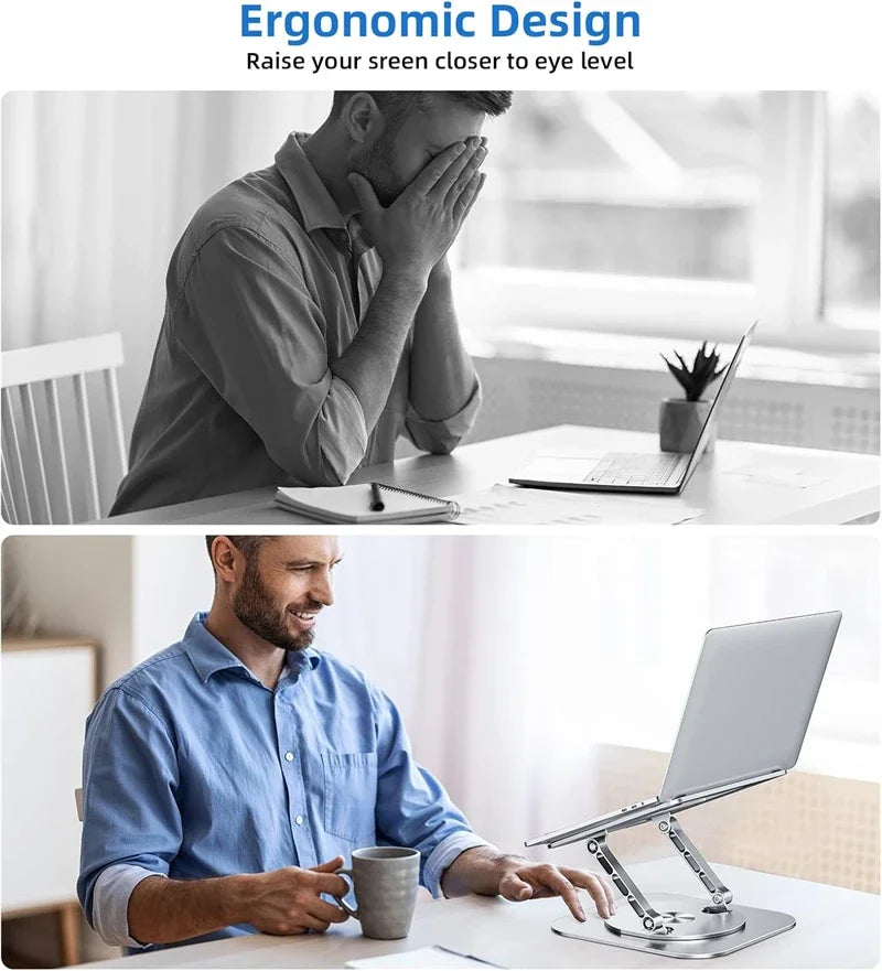 Two images showing a person using a laptop with an ergonomic stand, one with discomfort and the other with comfort.