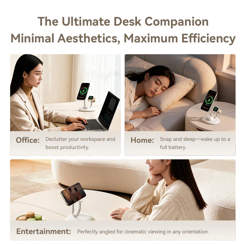Product advertisement showing a woman using a desk setup, charging phone, and a woman sleeping with a phone on a stand.