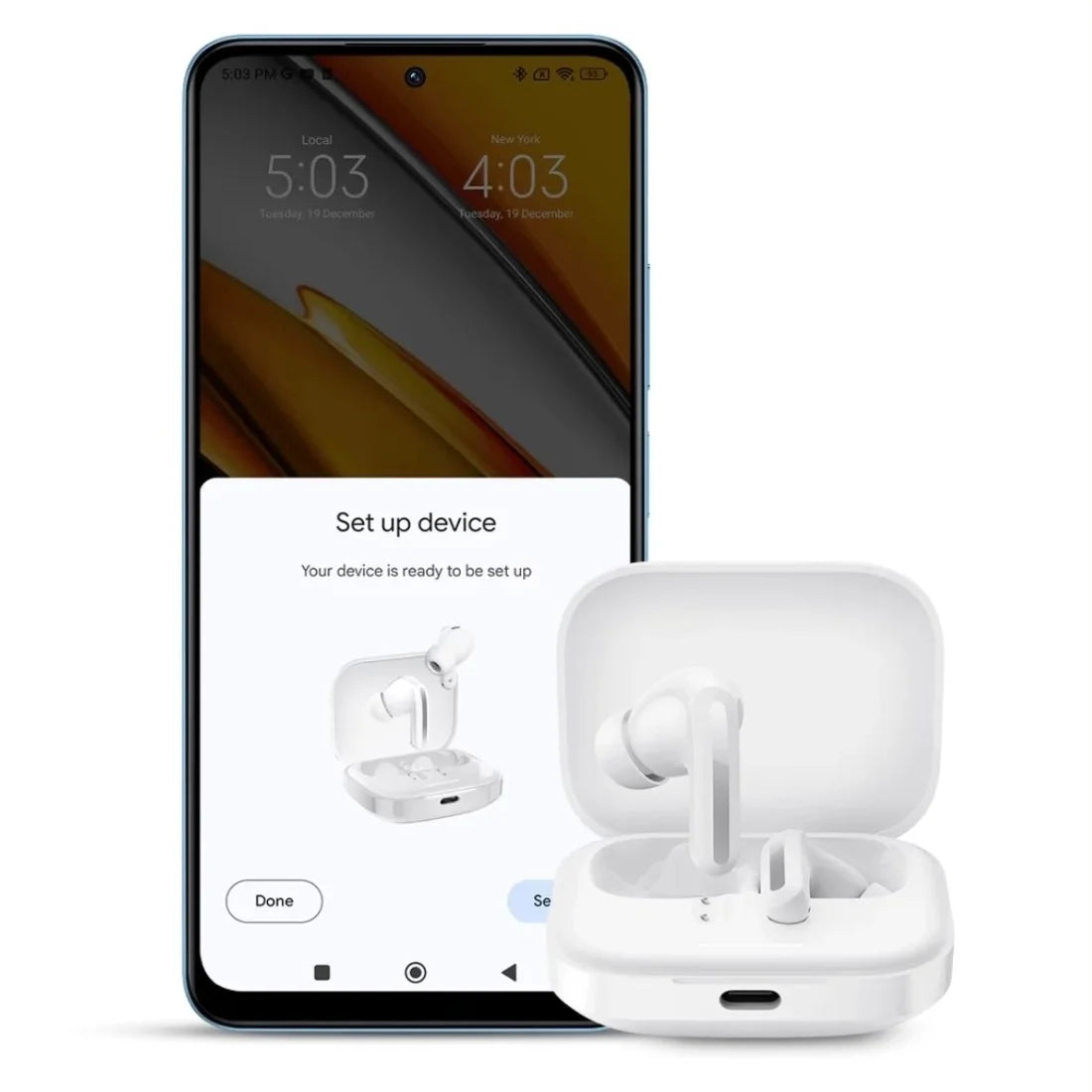 Smartphone with wireless earbuds setup screen and white wireless earbuds in charging case on a white background