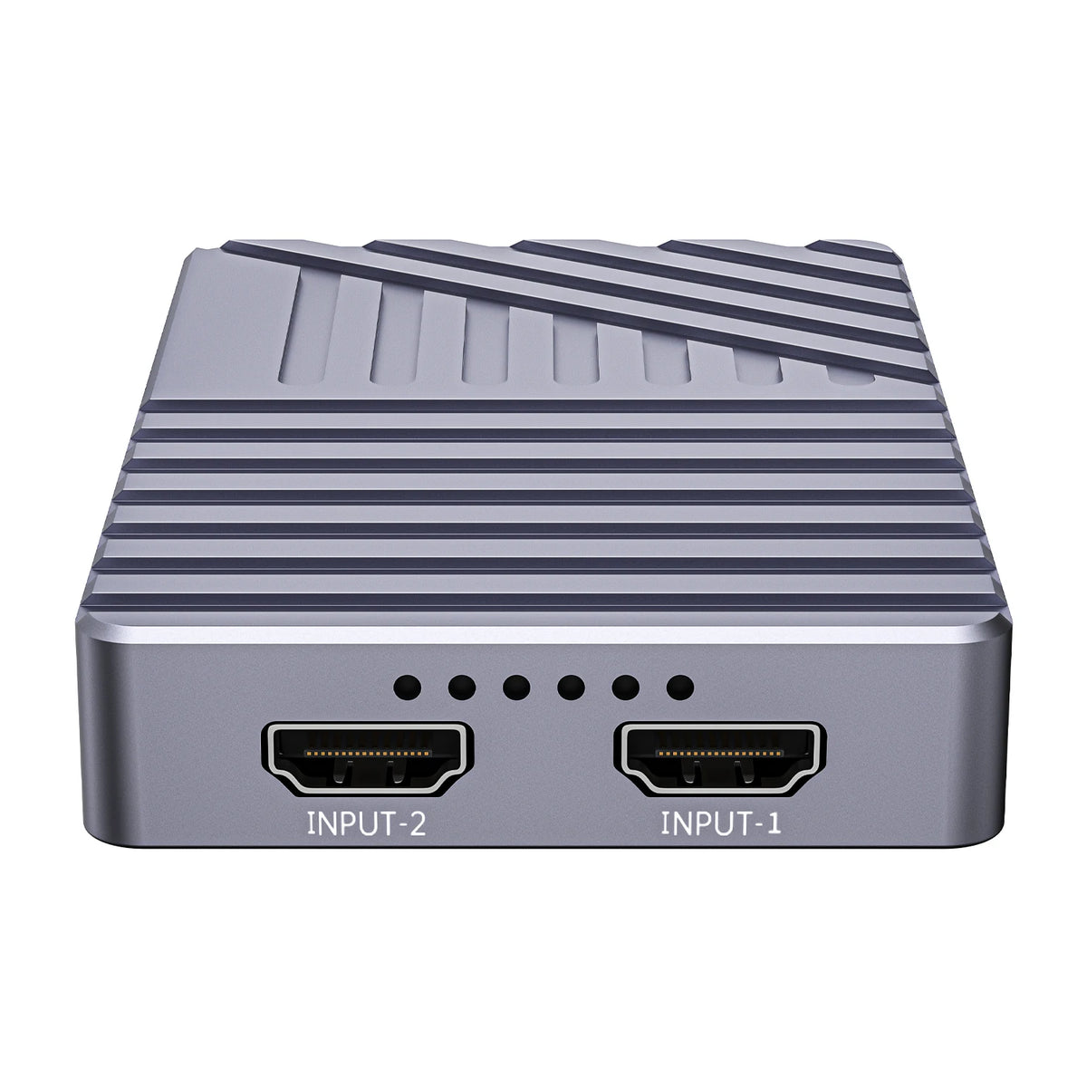 Gray electronic device with two HDMI ports labeled 'INPUT-1' and 'INPUT-2' on a white background.