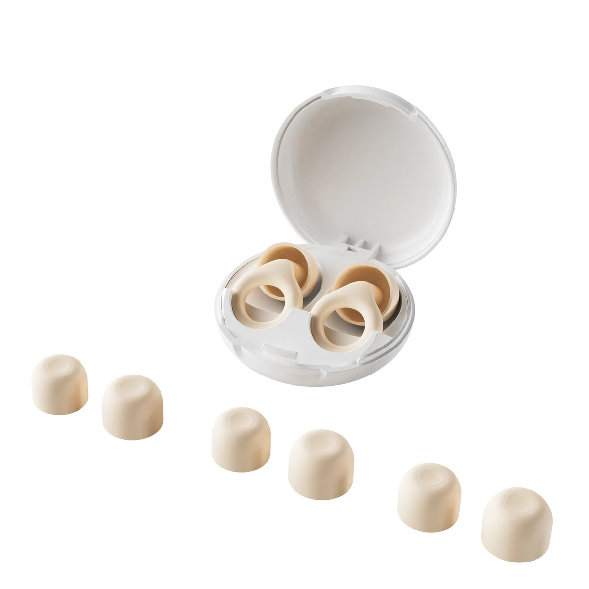 Set of wooden teething rings in a clear container on a white background