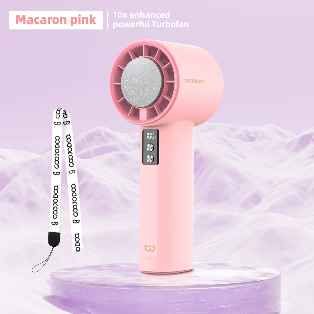 Two handheld fans with semiconductor refrigeration, one pink and one purple, with digital displays and multiple speed settings.