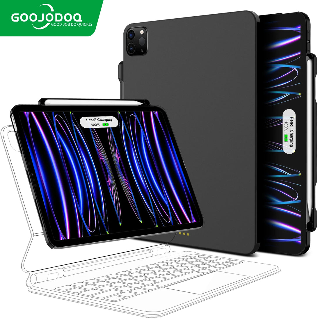 Tablet with a case and keyboard, featuring GOOJODOQ branding.