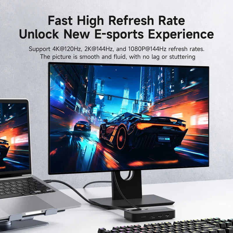 Monitor displaying a racing game with text about fast high refresh rate technology.
