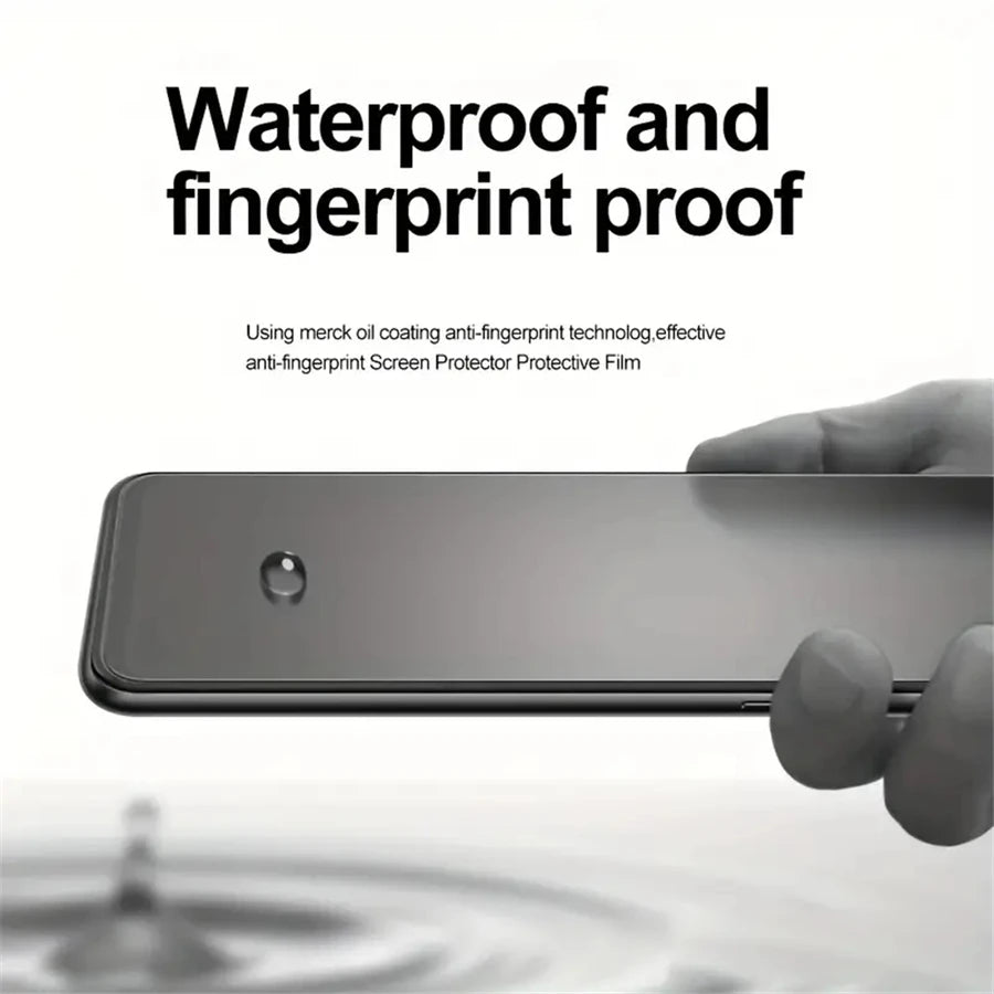 Phone screen protector with water droplet and fingerprint demonstration on a white background