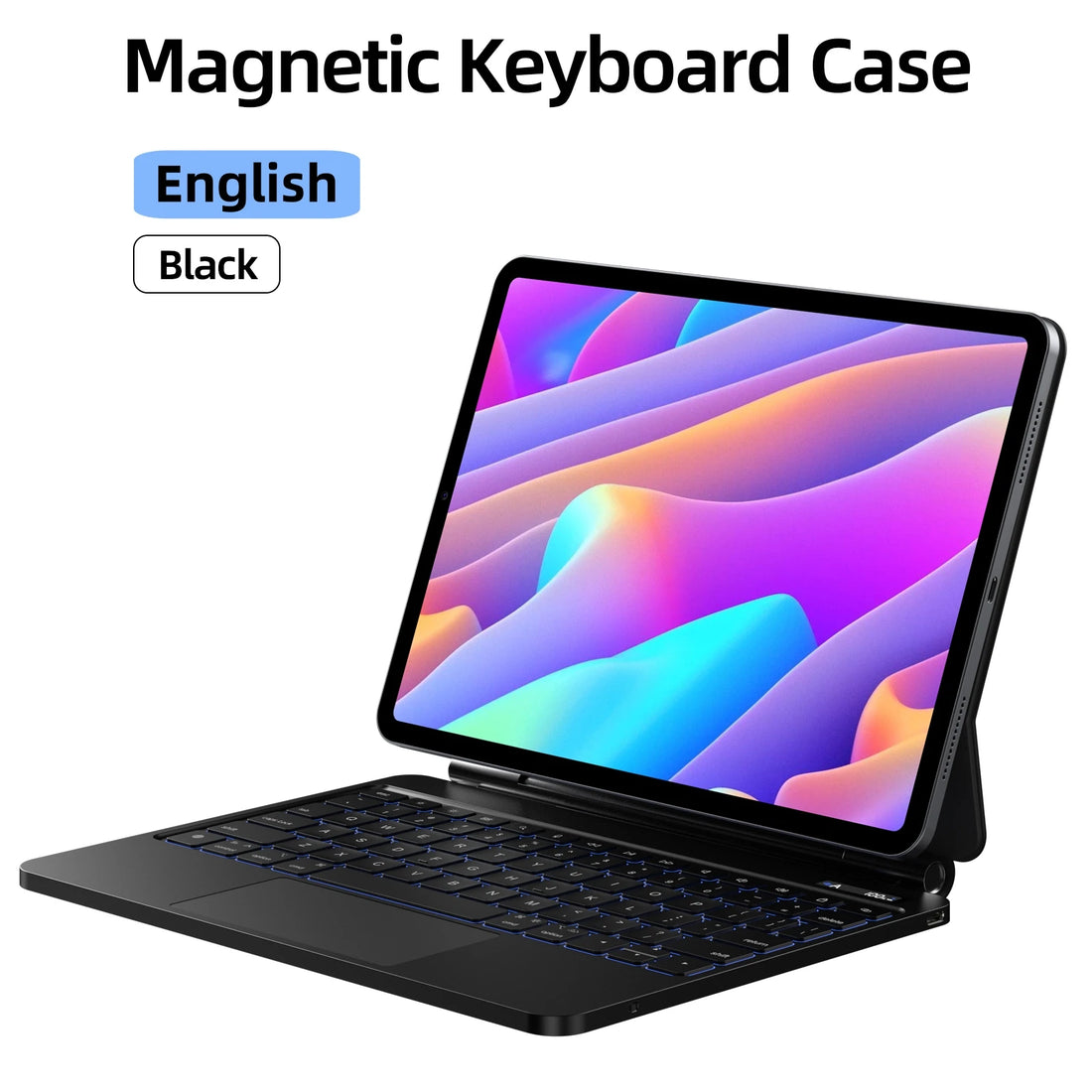 Black magnetic keyboard case on a tablet with colorful display
