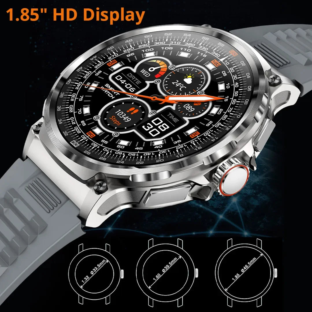 Smartwatch with a 1.85" HD display on a dark background
