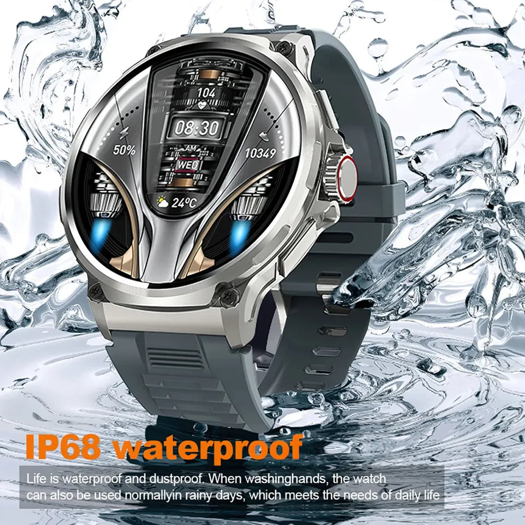 Smartwatch with IP68 waterproof feature on a water splash background