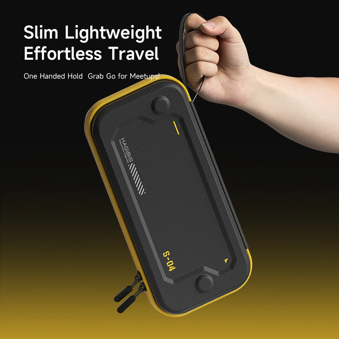 Black and yellow power bank held by a hand with text 'Slim Lightweight Effortless Travel' on a gradient background.