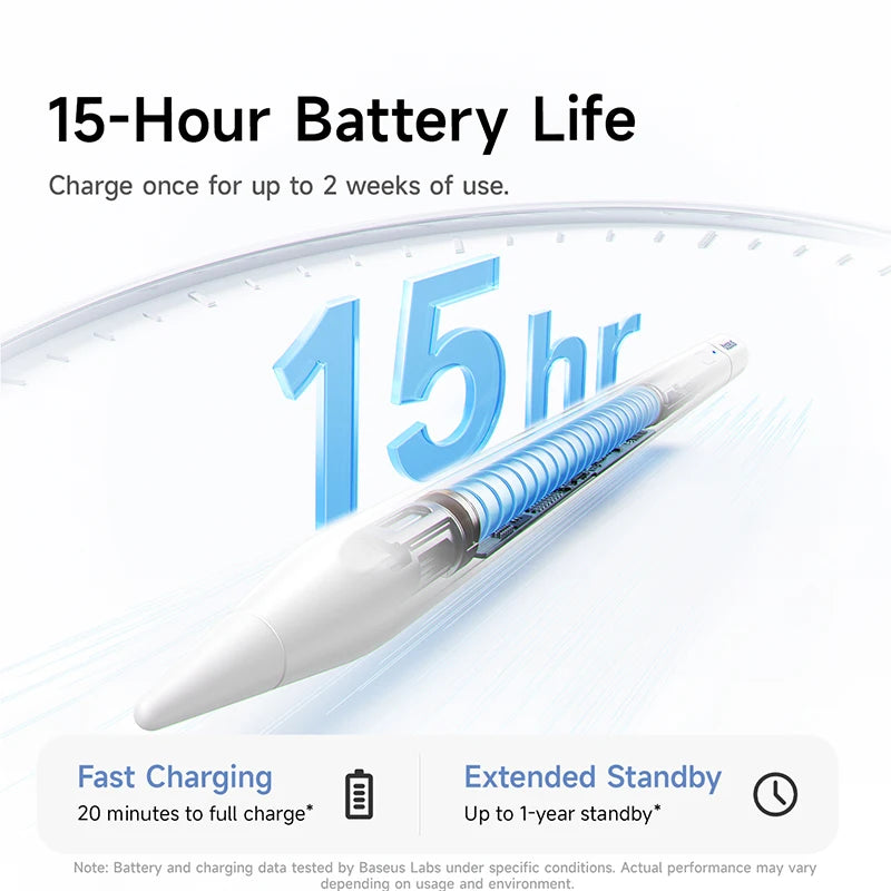 Battery life display with a pen and text about 15-hour battery life and fast charging.