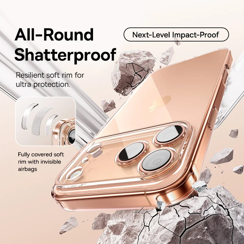 Rose gold phone case with impact-resistant design on a rocky background
