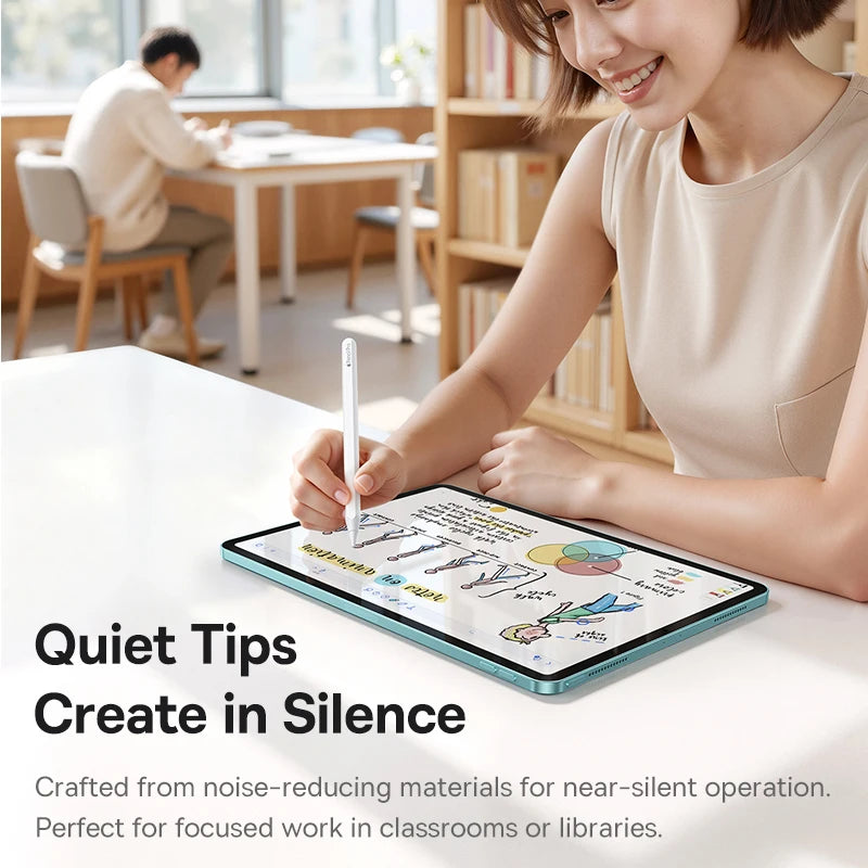 Woman using a tablet with a stylus in a classroom setting, with text about noise-reducing tips.
