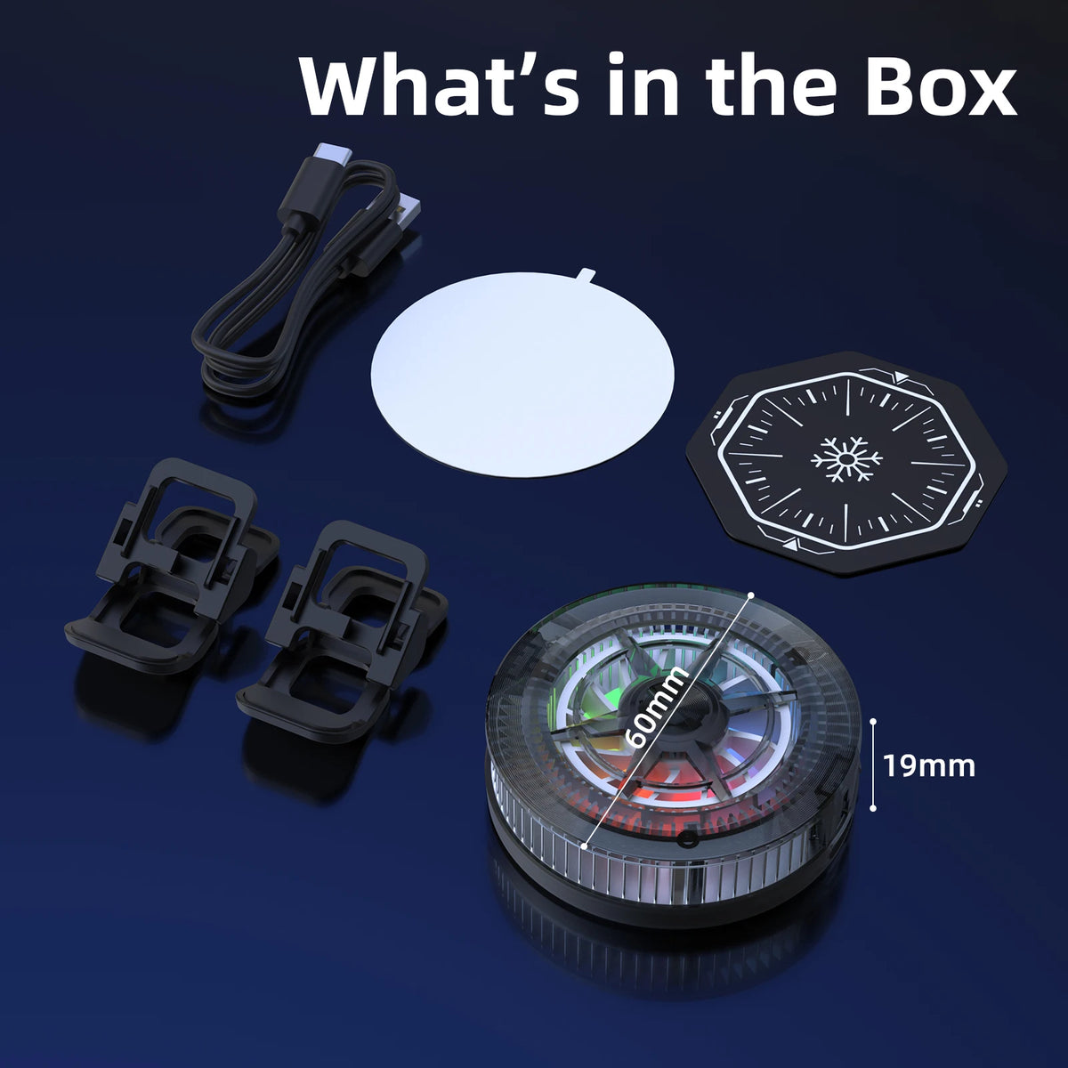 Product packaging with components including a cable, circular white object, black octagonal component, and round metallic object on a dark background.