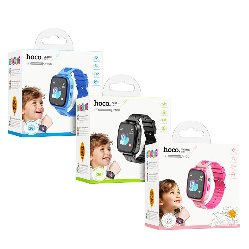 Three hoco children's smartwatch boxes in different colors on a white background