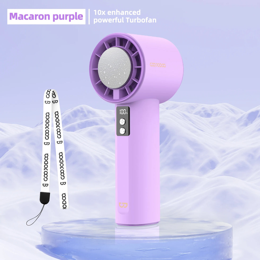 Two handheld fans with semiconductor refrigeration, one pink and one purple, with digital displays and multiple speed settings.