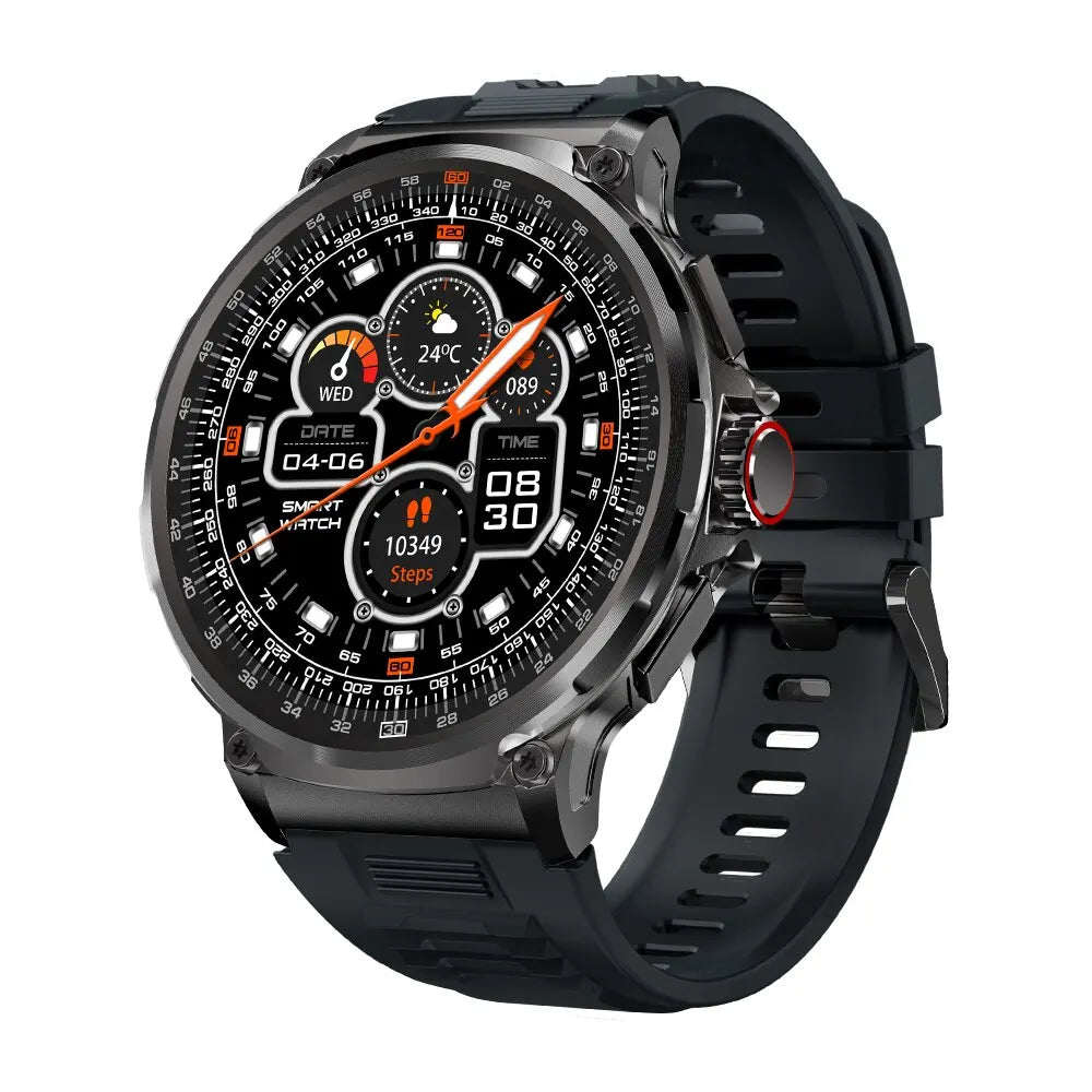 Black smartwatch with detailed display on a white background