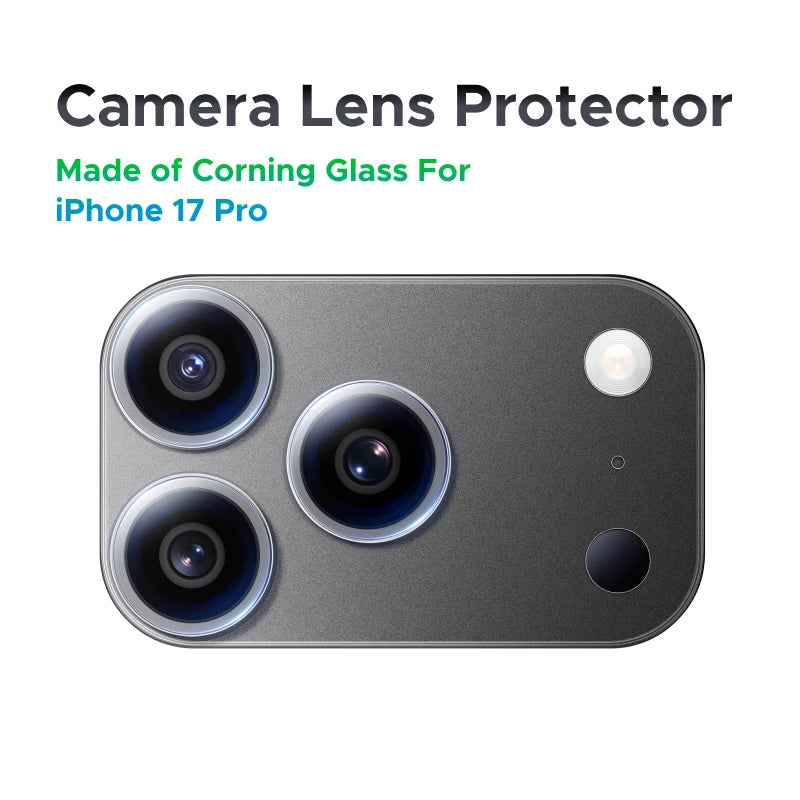 Camera lens protector for iPhone 17 Pro with Corning Glass material on a white background