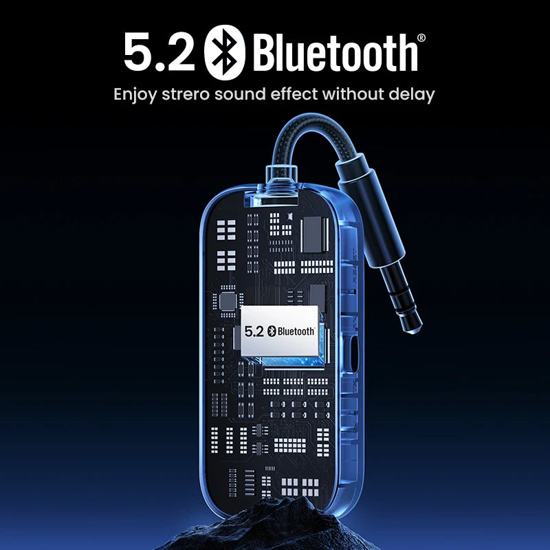 Blue Bluetooth audio adapter with digital display on a black background