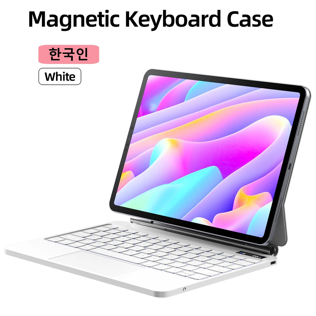 Magnetic keyboard case on a tablet with colorful display, white background