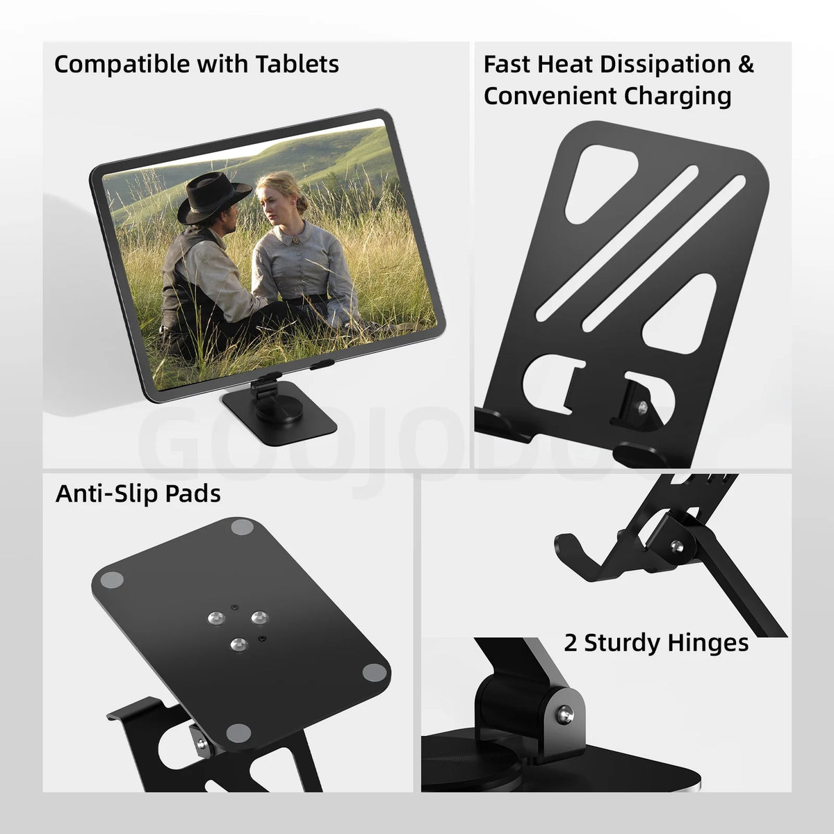 Black tablet stand with features highlighted on a white background