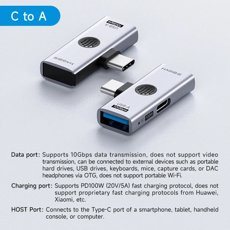 Two USB-C adapters on a light gray background with text describing their features.