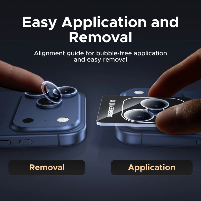 Phone screen protector application with hands applying and removing the protector, text indicating easy application and removal.