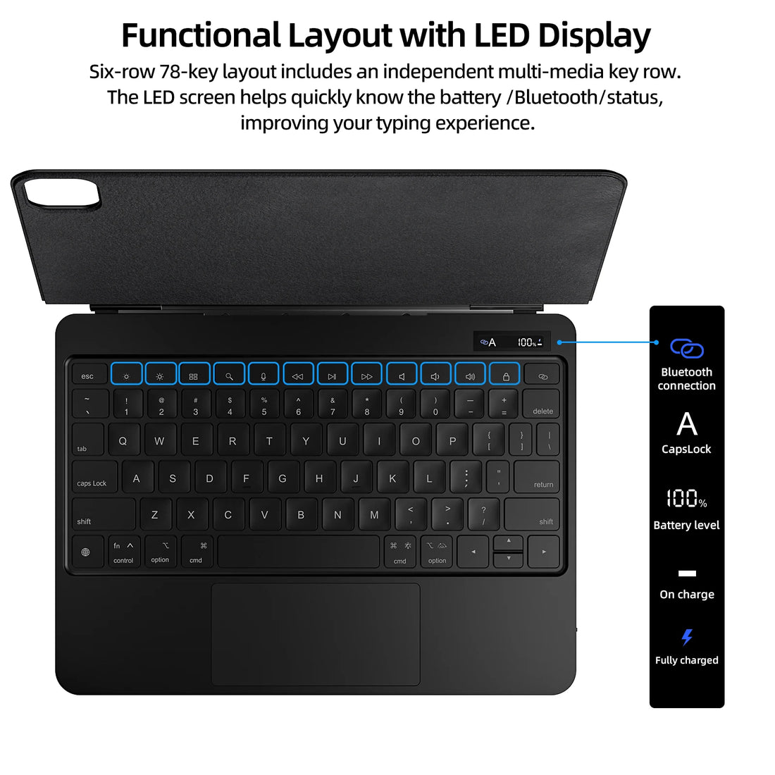 Black keyboard with LED display on a white background