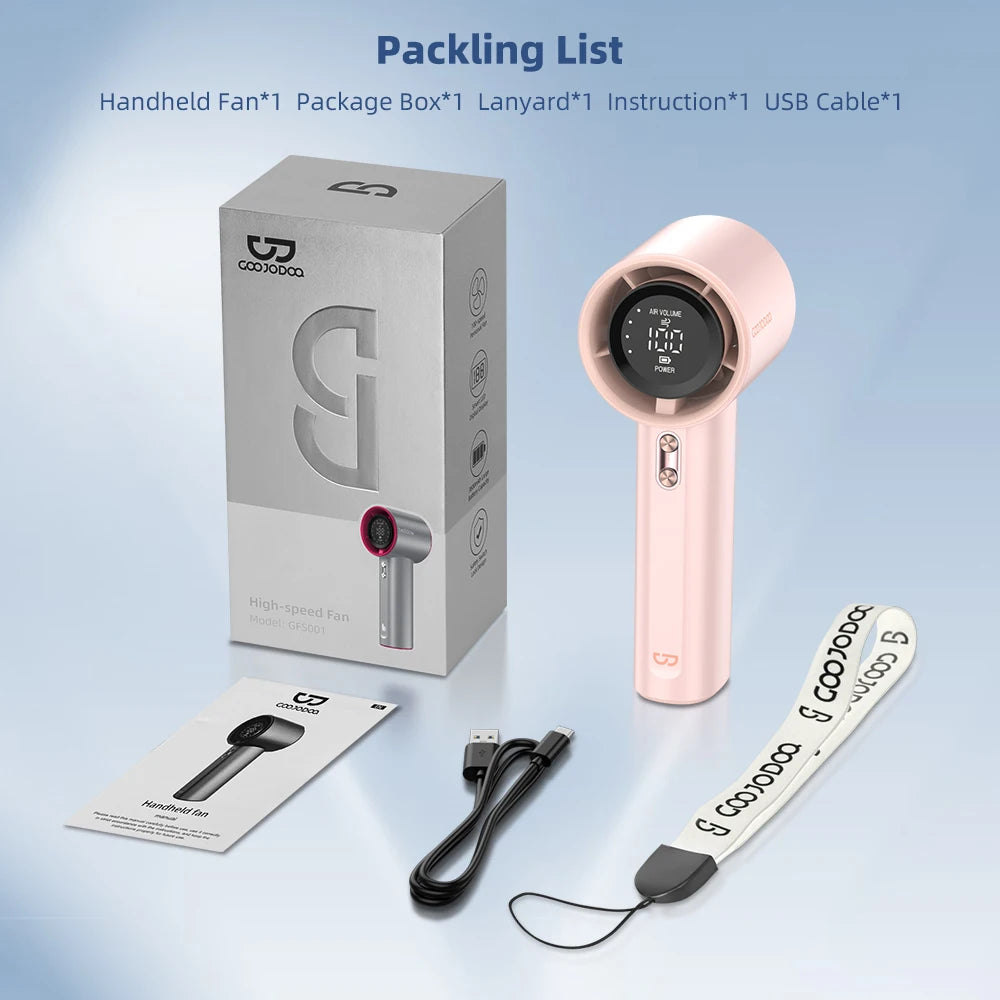 A collection of high-speed portable handheld fans in various colors displayed in an array, showcasing the design and color variety.