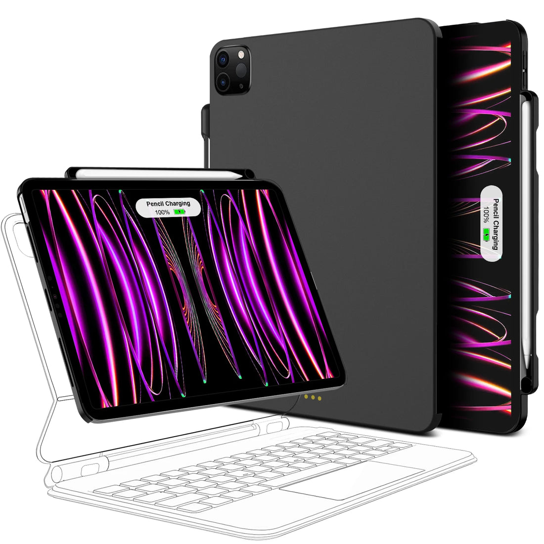 A white magnetic case for iPad with pencil holder, displayed in different angles to show the design and functionality.