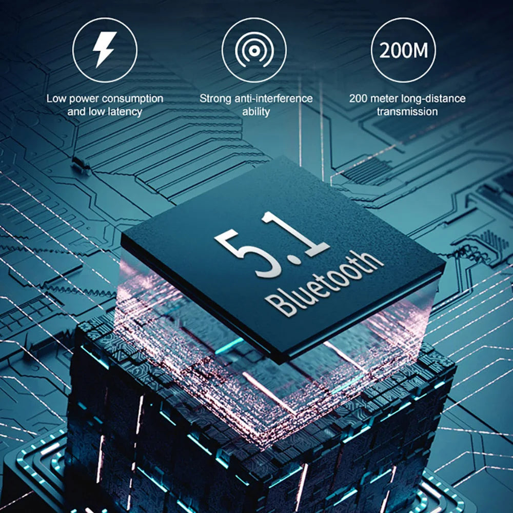 Bluetooth chip with specifications on a circuit board background