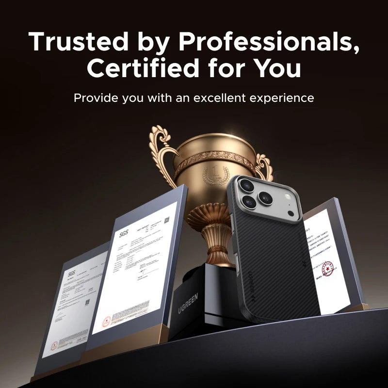 Trophies and devices with certification documents on a dark background, emphasizing trust and quality.