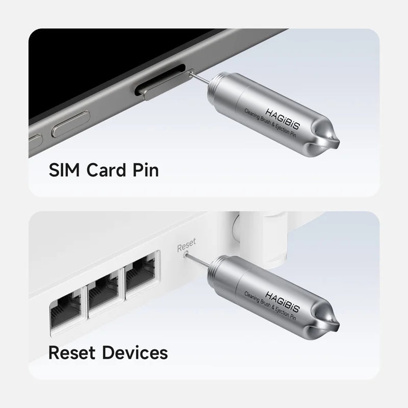 SIM card pin and reset device tool with 'HAGIBIS' branding on a white background