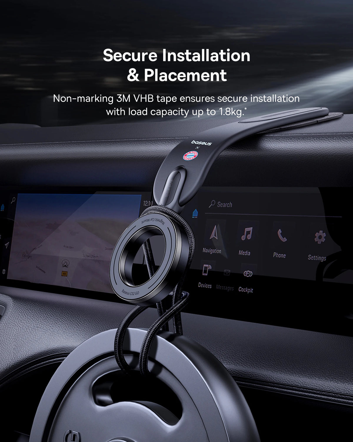 Car phone holder with text about secure installation on a car dashboard.